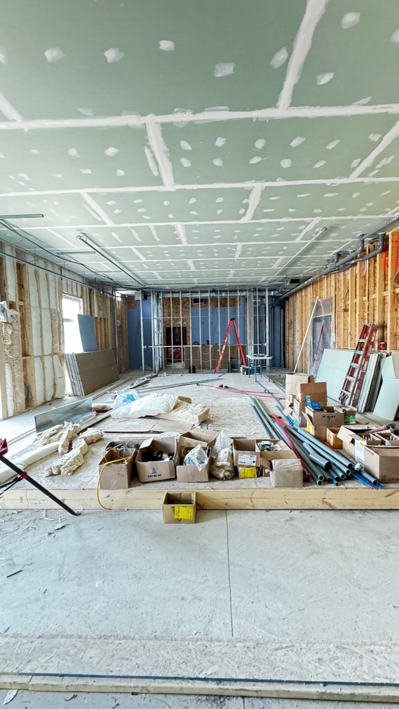 Boarded ceiling assembly before taping